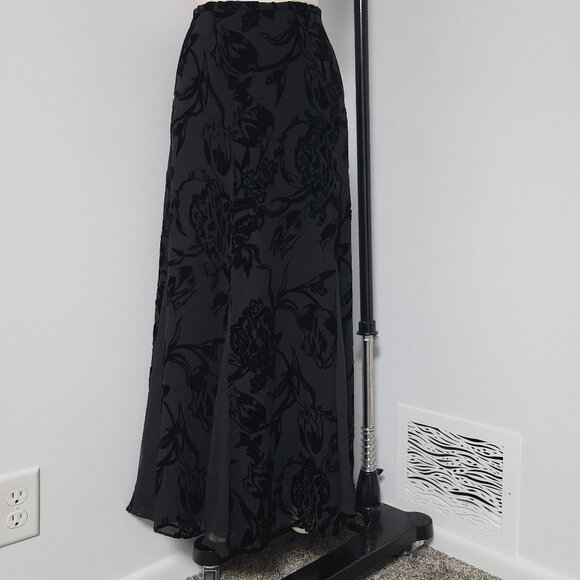 Boston Proper Dresses & Skirts - Boston Proper Black Velvet Burnout Maxi Skirt – Floral Sheer Overlay